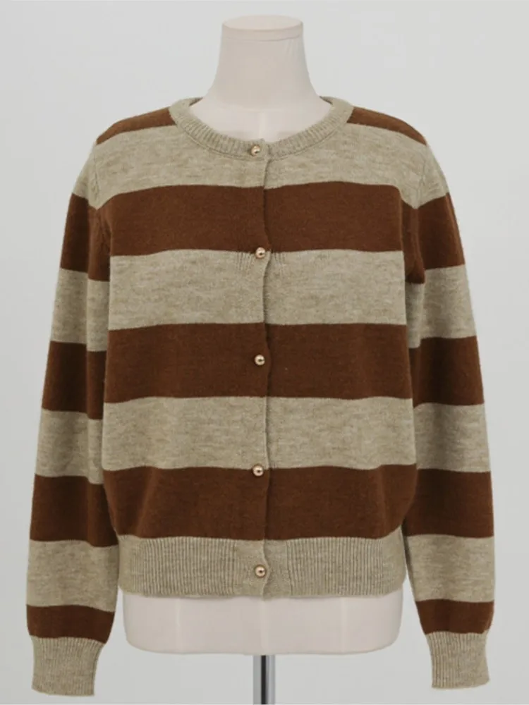 محبوك الخريف سترة المرأة مخطط طباعة عادية سليم موضة السيدات اقتصاص بالأزرار الكورية نمط امرأة سترة معاطف