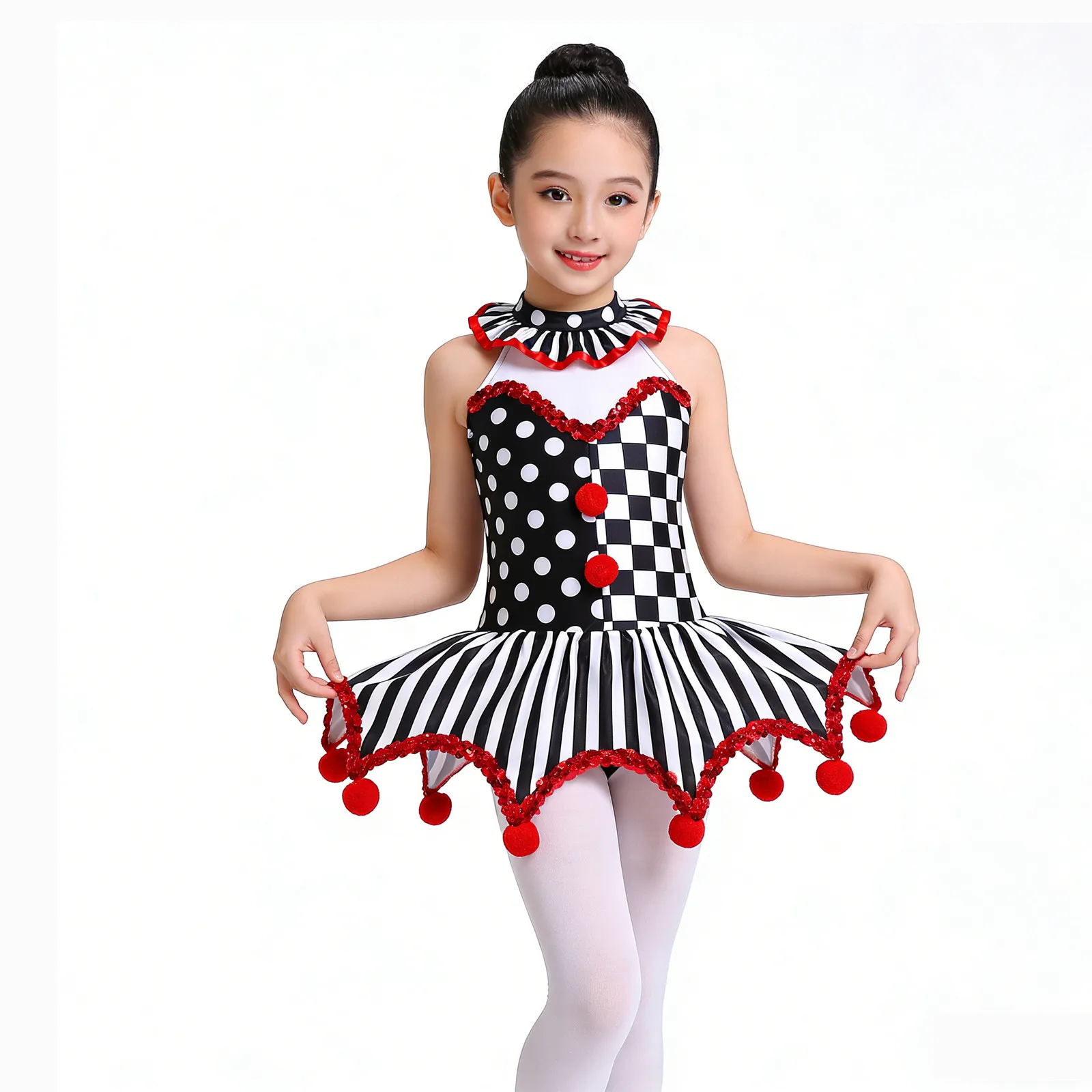 Girls Octopus Clown Joker Medieval Circus Clown Cosplay Costume Plaid Polka Dots Sequin Pompoms Adorned Jester Tutu Dance Dress