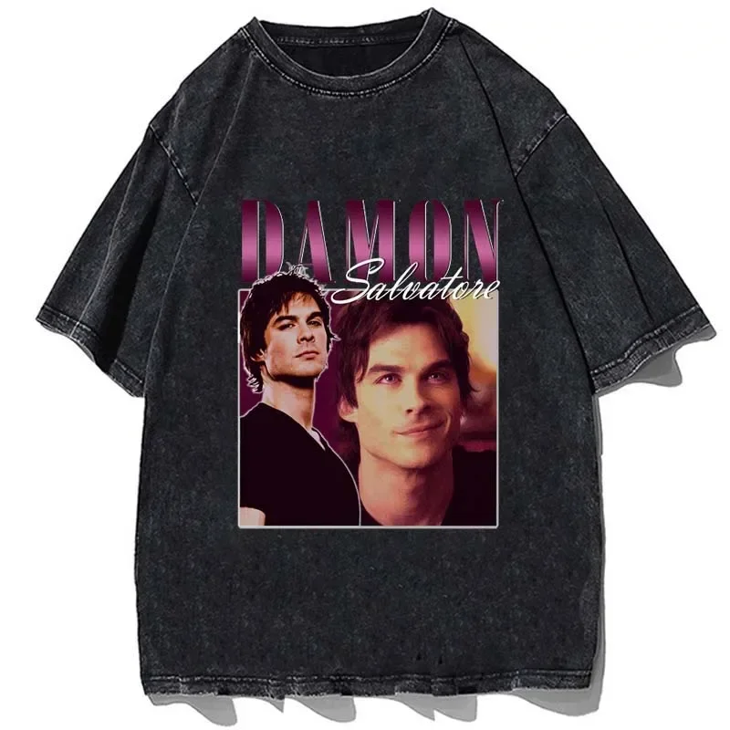 Damon Salvatore T-shirts Vintage Washed Ian Somerhalder T Shirt Streetwear Manga Short Sleeve Casual Harajuku Tops Tees Men