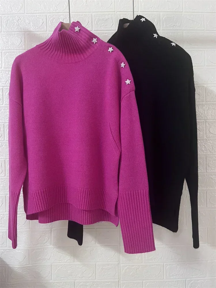 Women Autumn Winter 100% Cashmere Knitted Sweater Shoulder Star Buttons Turtleneck Female Long Sleeve Knitwear Pullover Tops