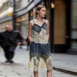 KBQ Hollow Out Two Piece Sets For Women V Neck Sleeveless Tops High Waist Patchwork Drawstring Shorts Spliced Lace Set Female