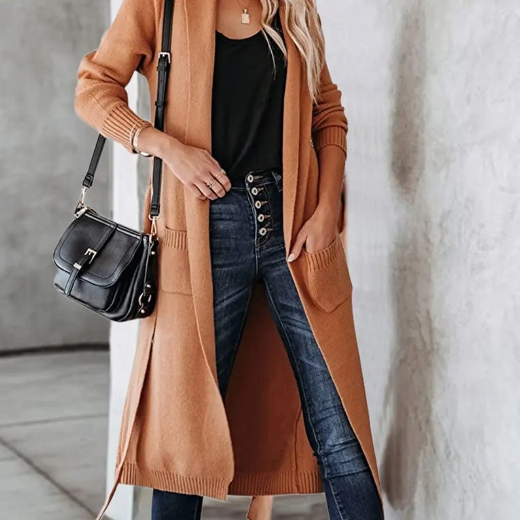 

Women's Long Knitted Cardigan with Pockets Belted Open Front Sweater Coat for Autumn Winter Casual Loose Fit