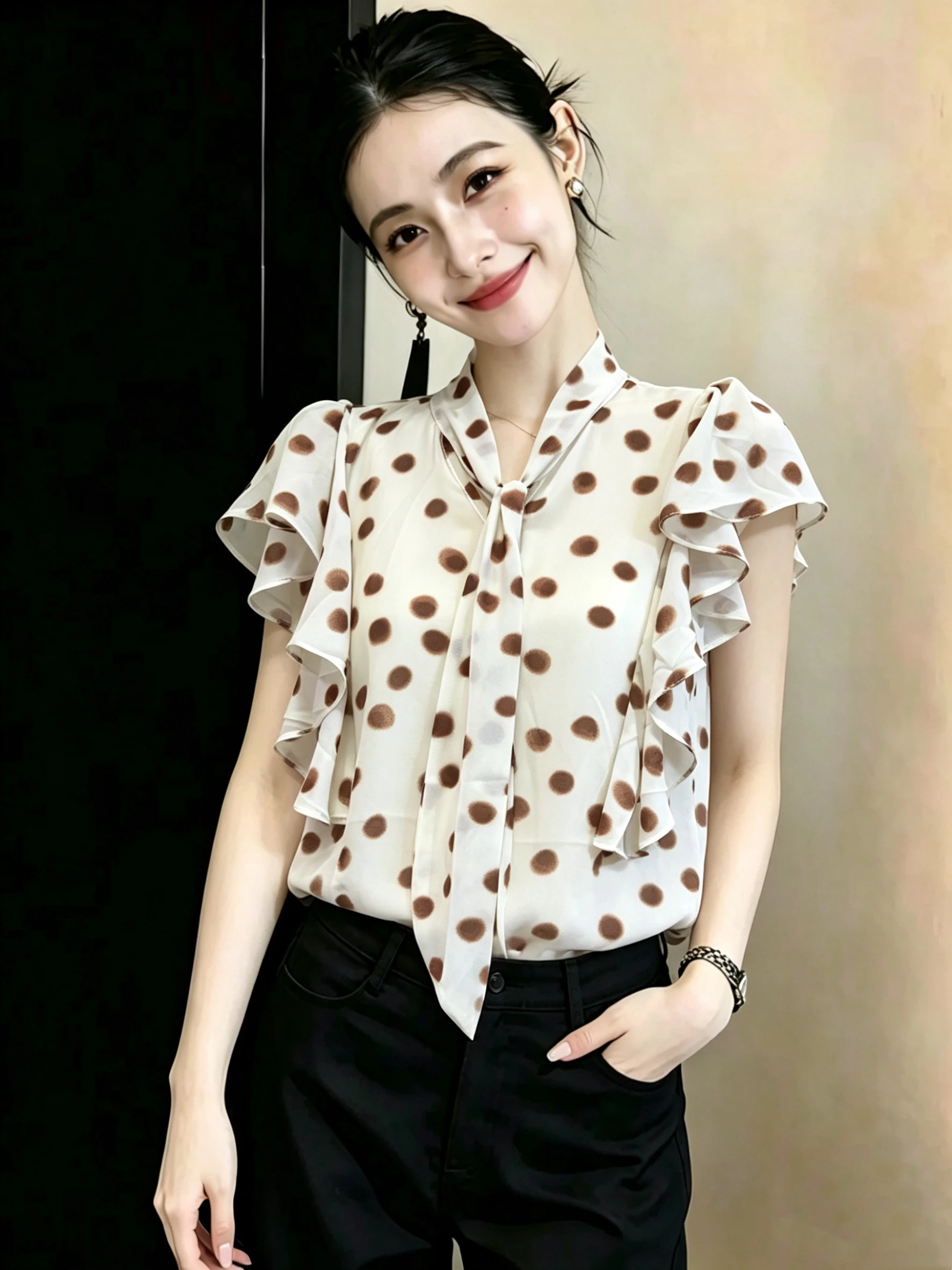 

Summer New Style Women's Shirt Chiffon Thin Top with Polka Dot Tie Light Peach Color Flying Sleeve Design High Quality Fashion