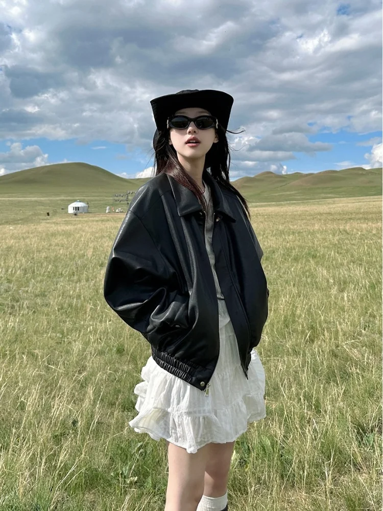 

Black Retro Biker Jacket Women's Spring Autumn New Design High Level PU Leather Coat Loose Fit Long Sleeve Zipper Closure