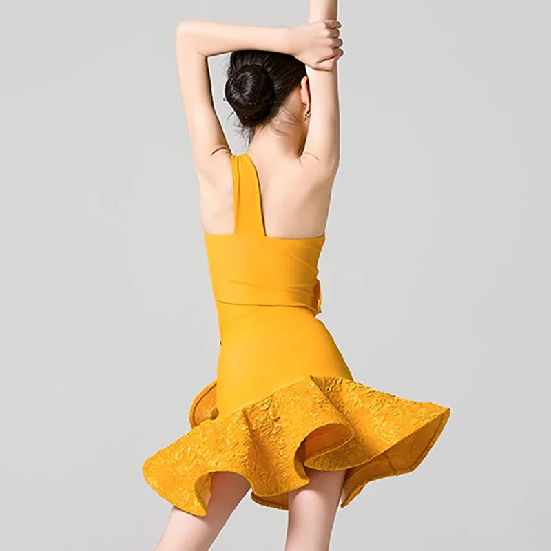 Kinder Mädchen One Shoulder Latin Dance Kleid Body Swing Rock Ballsaal Rumba Dancewear Training Chacha Performance Kostüme