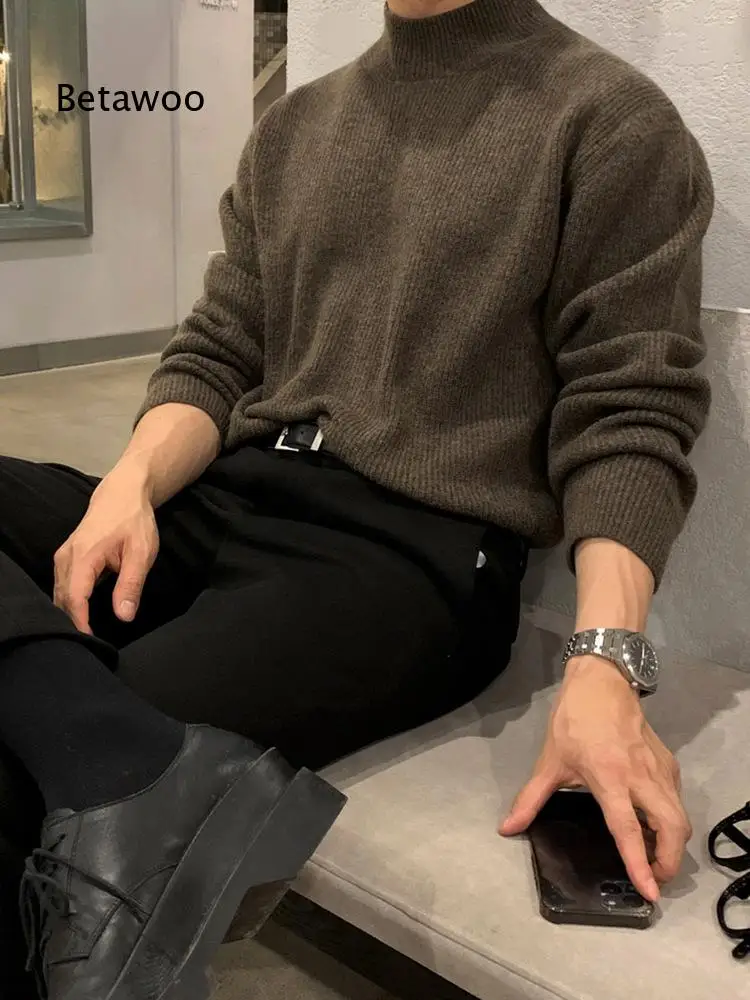 Autumn Winter Half Turtleneck Sweater For Men Korean Trend Solid Color Knitwear Mid Collar Undershirt Warm Inner Layer For Dail