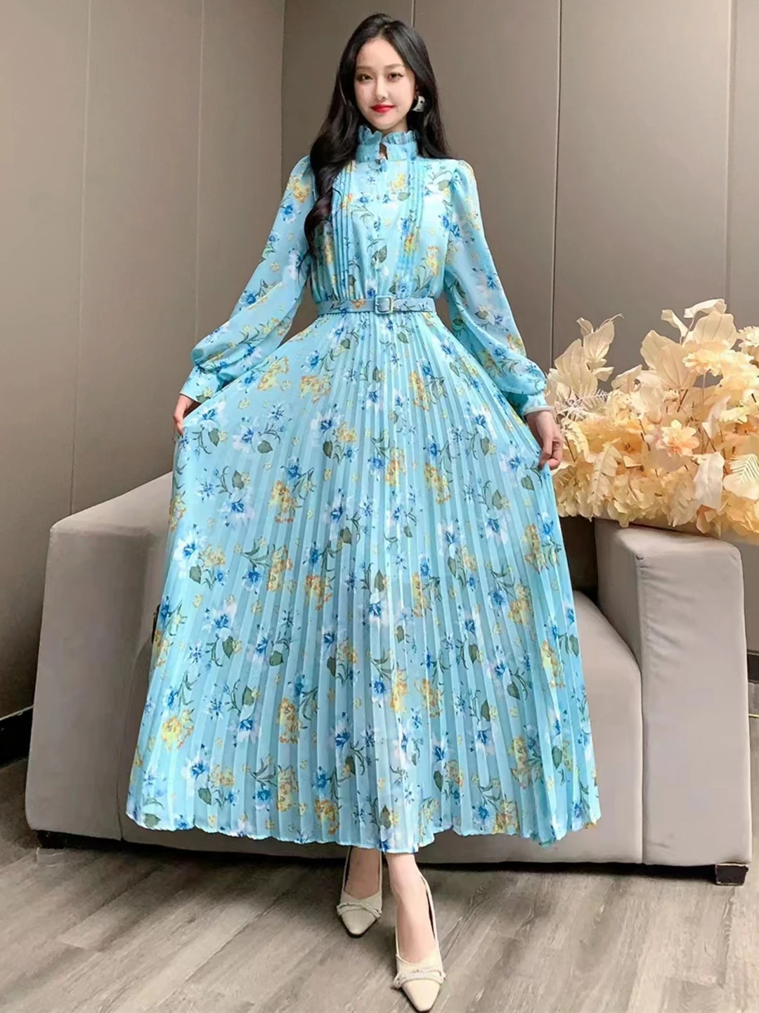 2024 New Spring Autumn Women Ruffled Collar Long Sleeve Belt Slim Long Dress Sweet Pleated Big Hem Chiffon Floral Dress