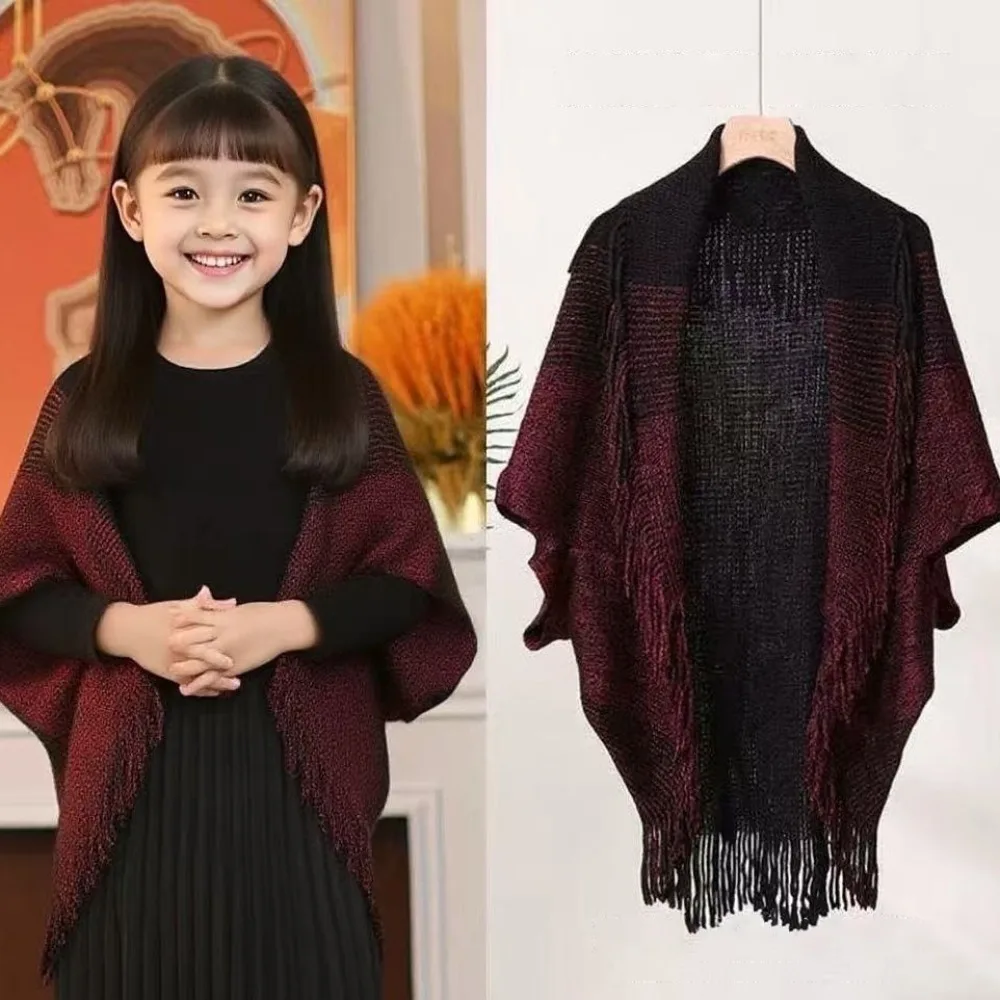 

Gradient Color ' Mongolian Poncho Winter Warm Ethnic Style Cardigan Tassel Shawl Striped Artificial Wool Coat Overlays For