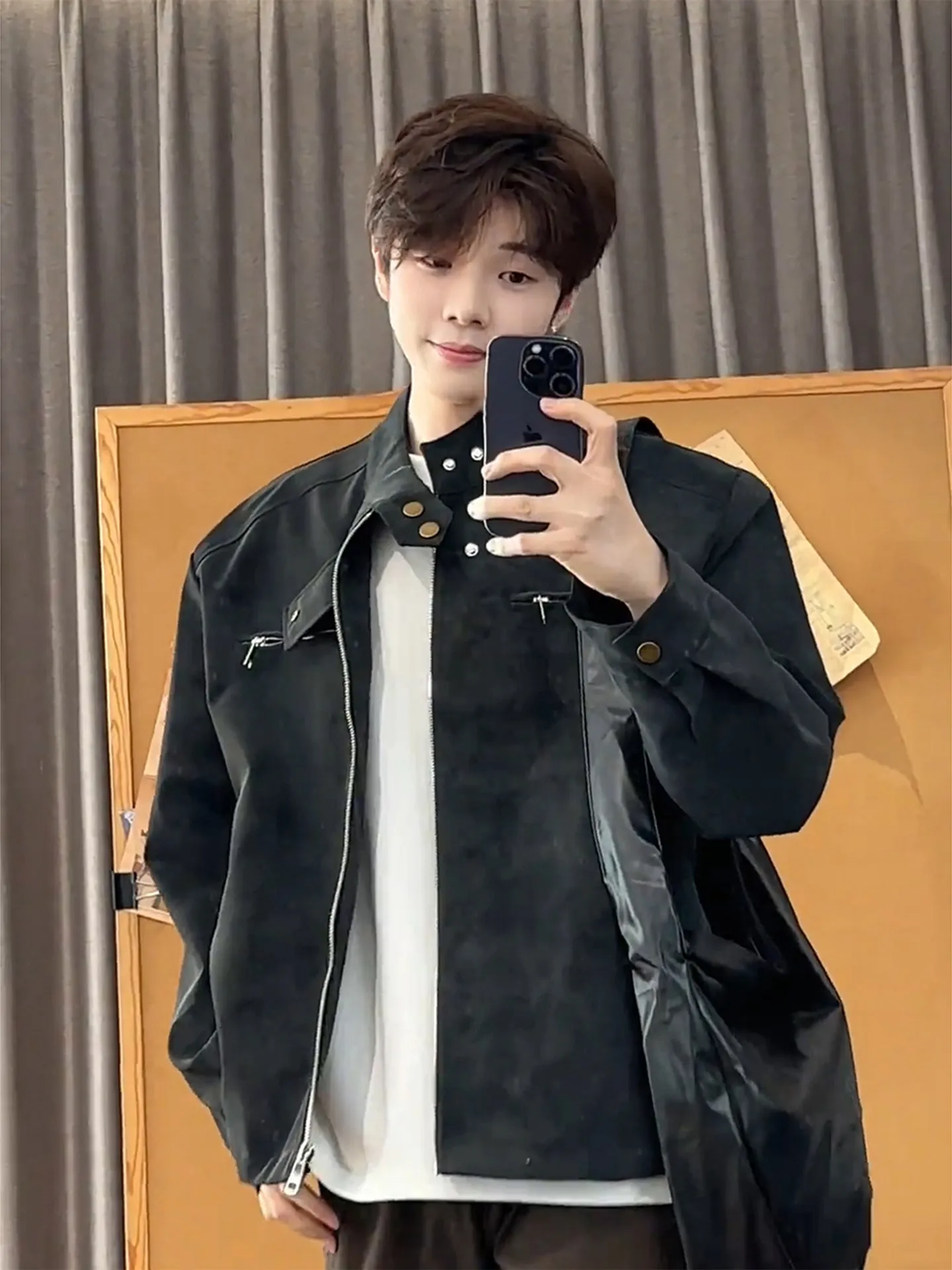 Retro Motorcycle PU Leather Jacket Men's Short Style Faded Baseball Coat Workwear Stand Collar Autumn Fashion Outerwear