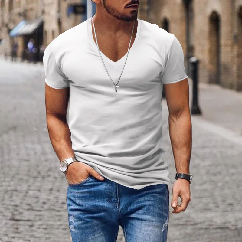Men's T-shirt European and American Summer Men's Clothing V-neck Solid Color Slim-fitting Thin Casual T-shirt Short-sleeved Top