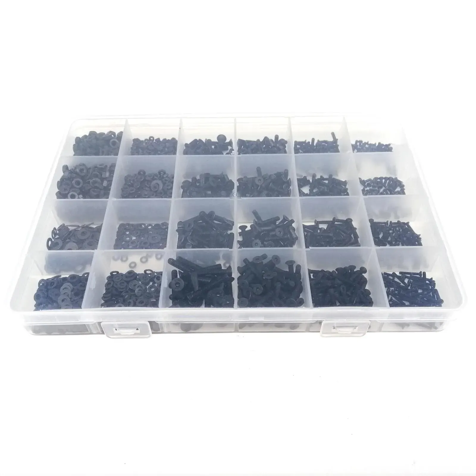 2100pcs/box Hexagon Hex Socket Flat Countersunk Head Screw Bolt Nut Washer Key Mix M1.6 M2M2.5 M3 Set Kit Black Grade 10.9 Steel