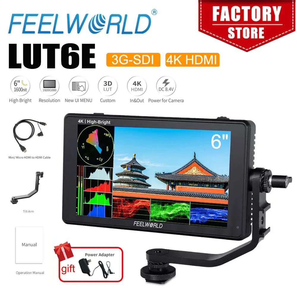 

FEELWORLD LUT6E 6 Inch HDMI-Compatibled Camera Field Monitor Full HD1920x1080 1600nit Ultra Bright IPS Touch Screen 3D LUT