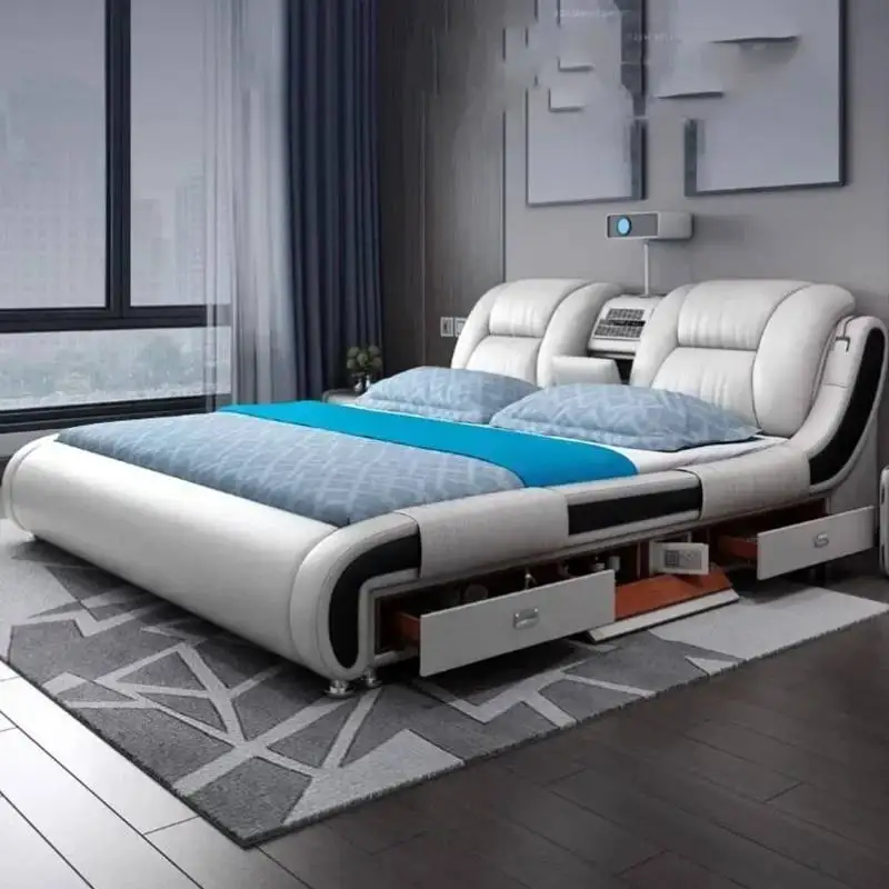 

Queen Luxury Modern Double Bed Storage Multifonction Bedroom King Double Bed White Frame Smart Cama Box Casal Room Furniture