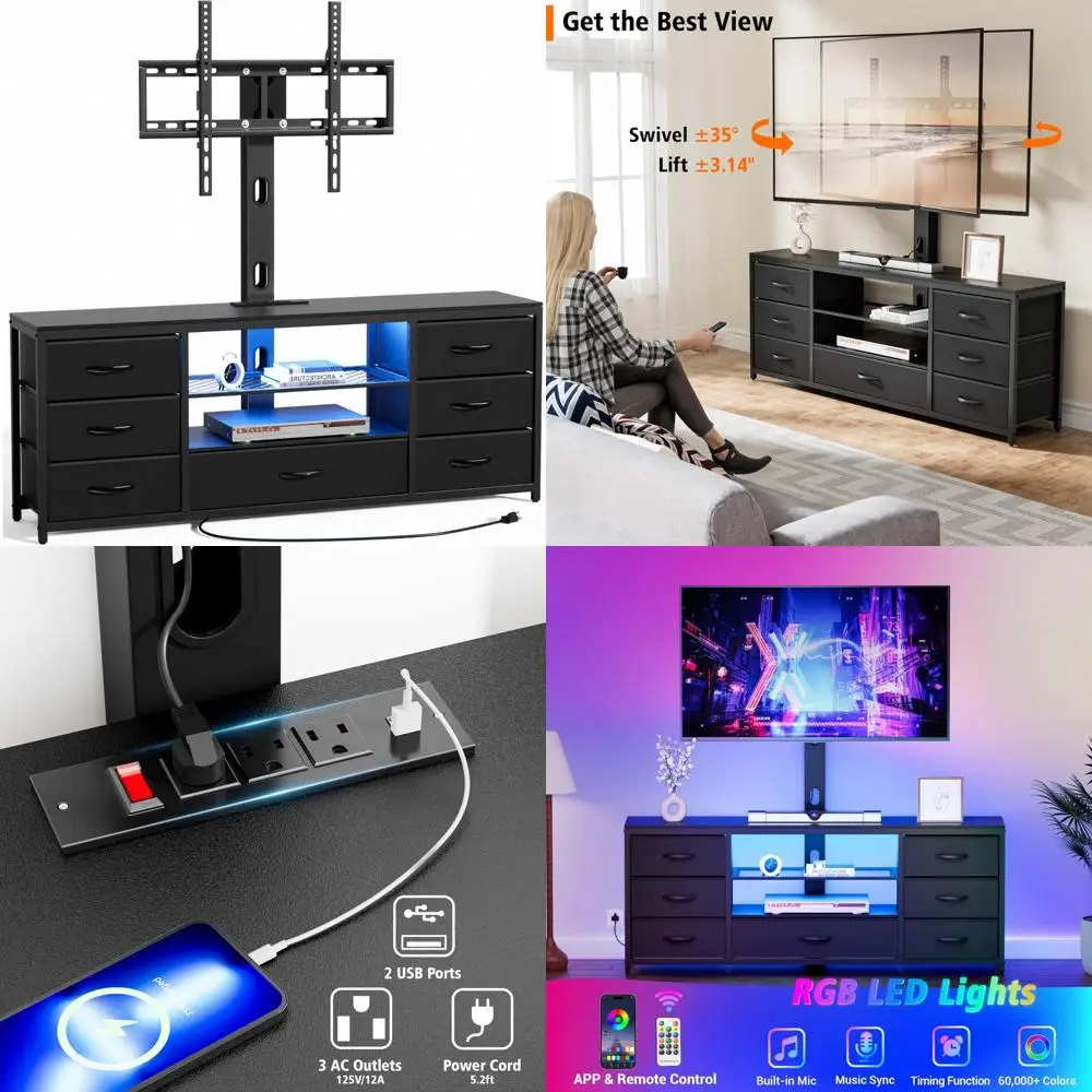 حامل تلفزيون على طراز Dresser باللون الأسود مع حامل و7 أدراج قماشية، مركز ترفيه LED مع منافذ طاقة للتلفزيونات من 32 إلى 70