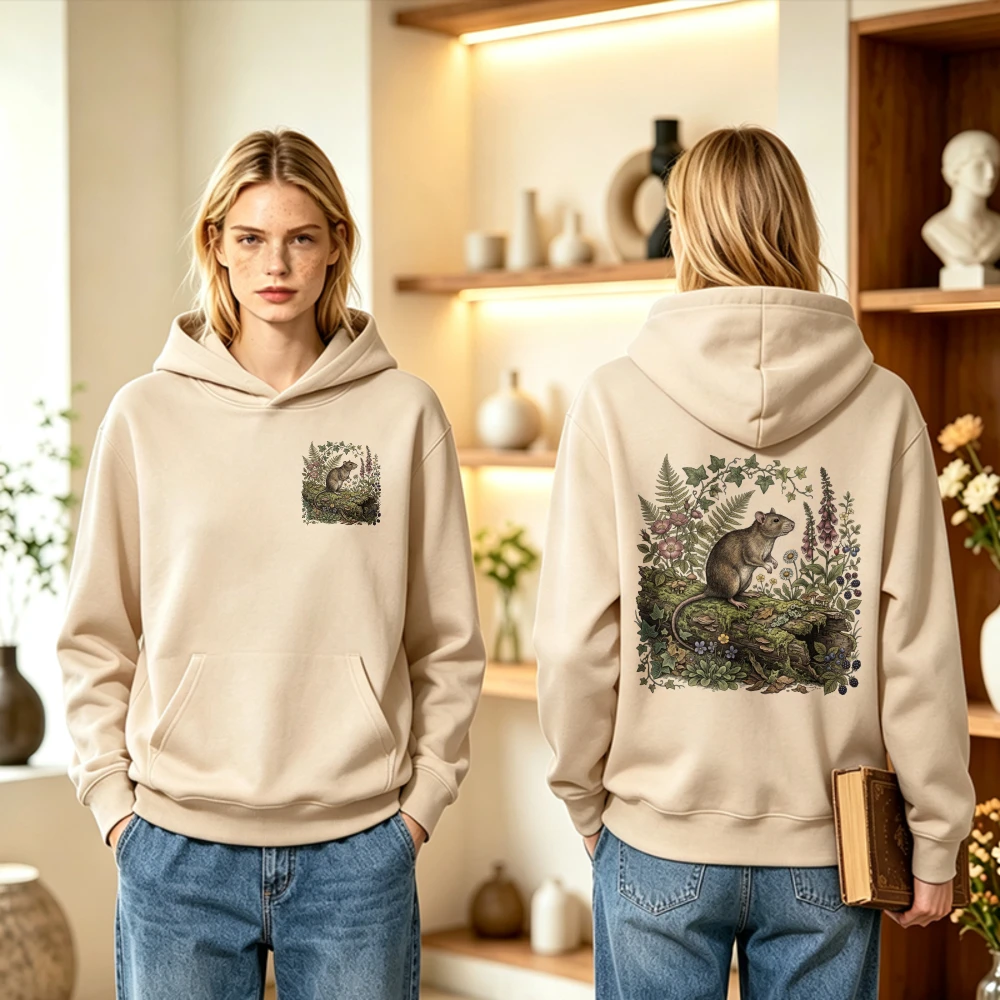 Vintage Cottagecore Forest Rat Floral Fern Graphic Hoodie Men Women Wild Botanical Nature Front & Back Print Hooded Sweatshirt