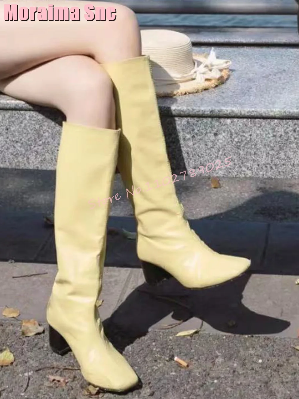 Light Yellow Pointed Toe Long Boots Block High Heel Slip On Women Knee High Boots Concise Style Fashion Autumn Winter 2023 New