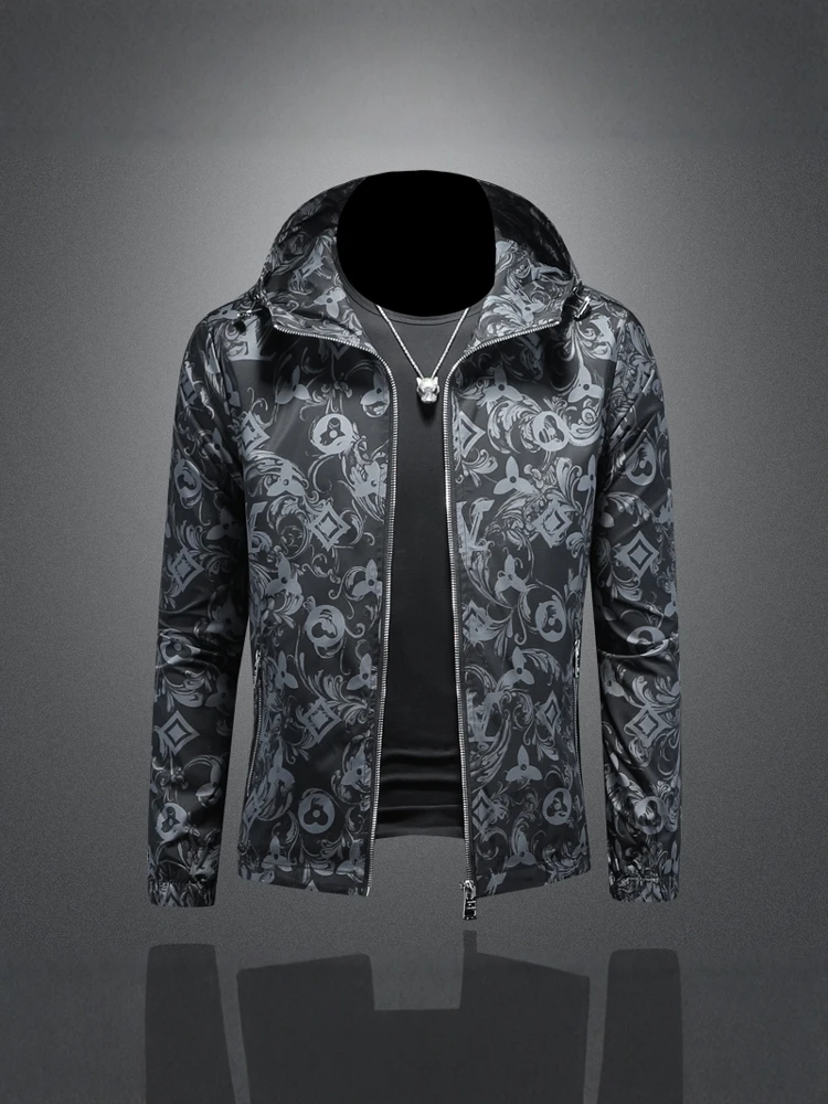 

Men's Spring 2025 Hooded Patterned Jacket Slim Fit Casual Large Size Top Coat Fashionable Polyester Fiber Long Sleeve Urban S...
