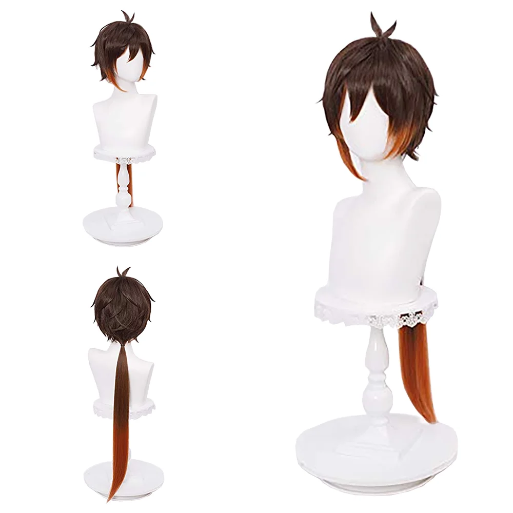 

Zhongli Cosplay Wig Budget Friendly Unisex Ombre Long Ponytail Heat Resistant Synthetic Anime Hair Free Wig Cap for Halloween