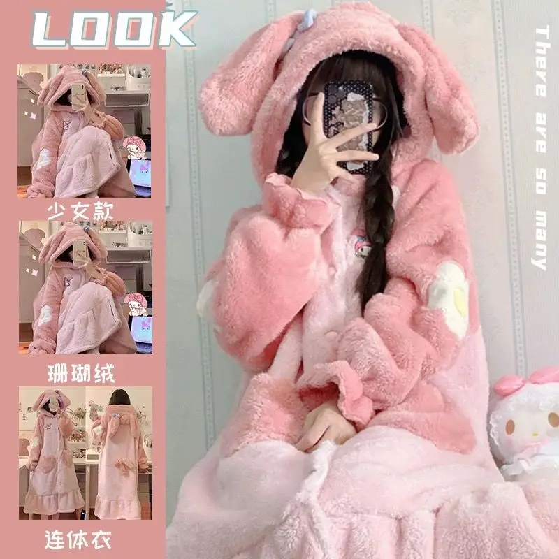 Niedlicher Damen-Pyjama mit Hasenohren und Kapuze, Winter-Dickkorallenfleece-Plüsch-Nachthemd mit Rüschensaum, Weich und Warm, für Studentinnen, Hauskleidung