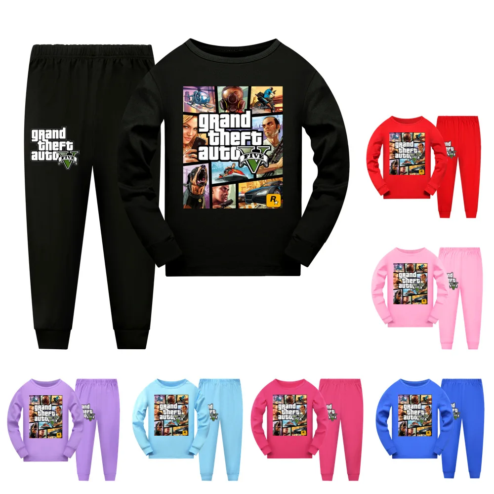 

Grand Theft Auto Game GTA 5 Printing Spring and Autumn Cartoon Milk Silk boys and Girls Long-Sleeved Trousers Pajamas Set