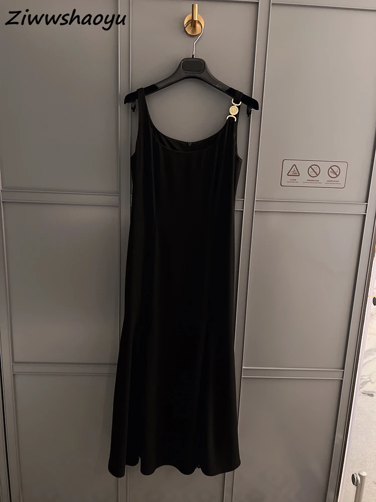 

High Quality Summer Women Fashion Runway Designer Black Solid Color Printed Sexy Spaghetti Strap Beach Holiday Long Dresses