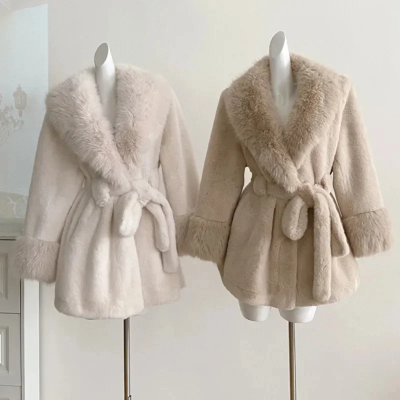

Winter Luxury Warm Outerwear Women Faux Furs Jackets Coats With Belt Elegant Waist Hugging Slimming Fur Big Collar Thickened