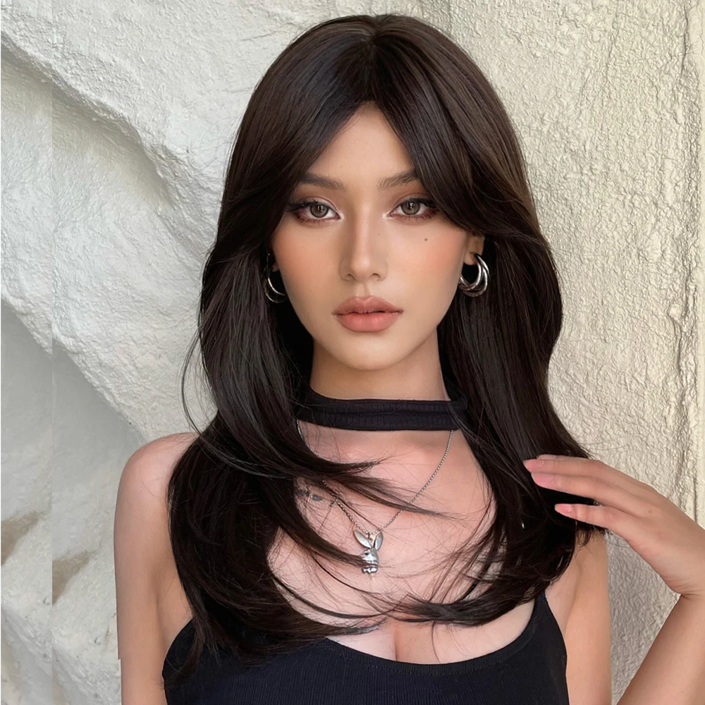 شعر مستعار اصطناعي طويل مستقيم مع رباط للنساء ، بني داكن وأسود ، شعر مقاوم للحرارة ، شعر أفريقي طبيعي ، شعر مستعار متعدد الطبقات للكوسبلاي والحفلات #4