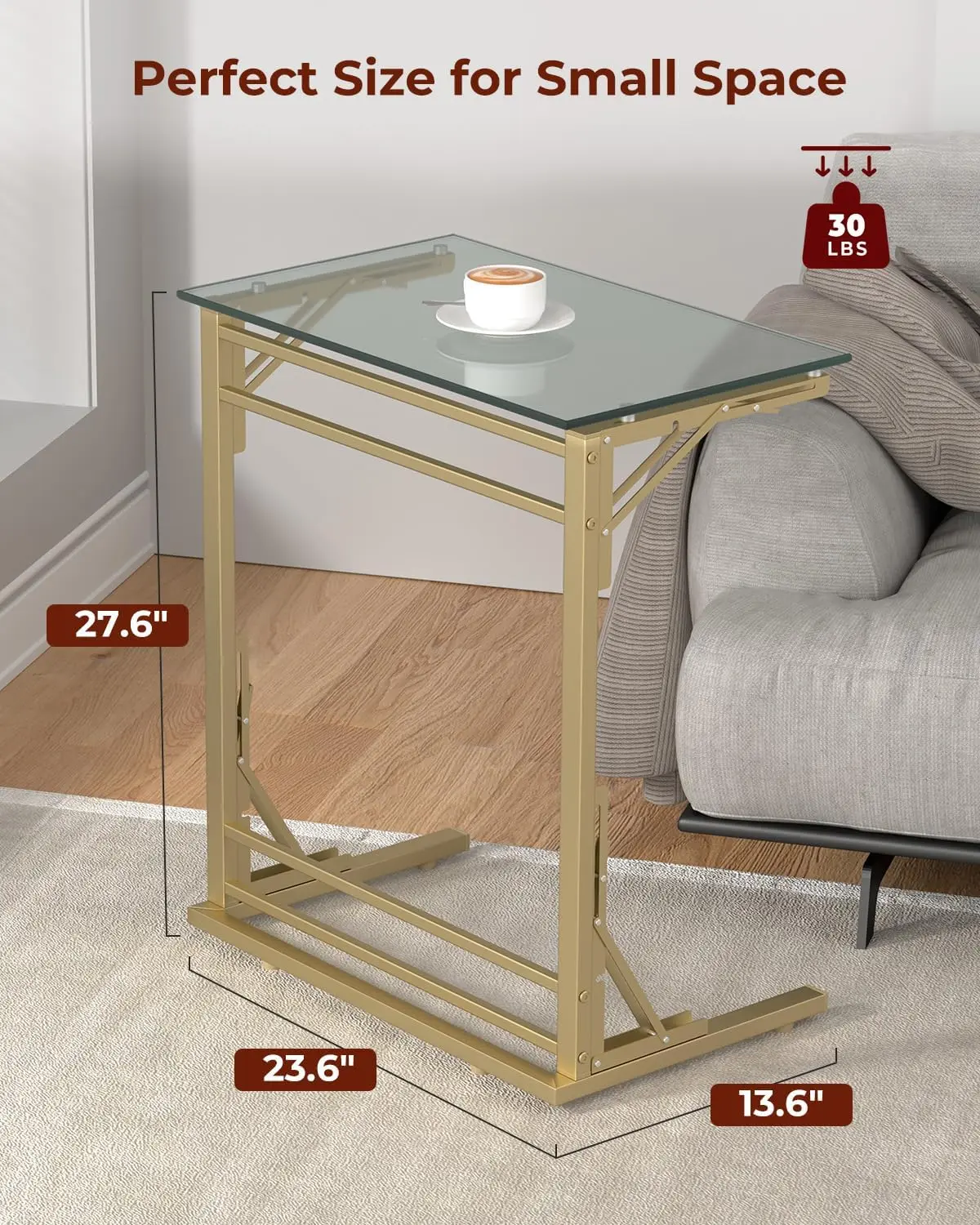 

24" Folding TV Tray Table, Glass C Shaped End Table for Couch, Small Sofa-Side Laptop Desk with Gold Metal Frame for Living Room