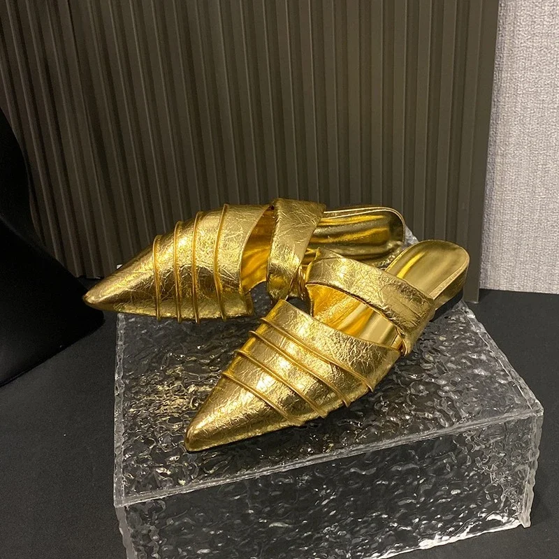 

Fashion Pleated Wrapped Toe Sandals Women's Summer New Pointed Toe Shallow Mouth Slip on Block Heel Half Drag