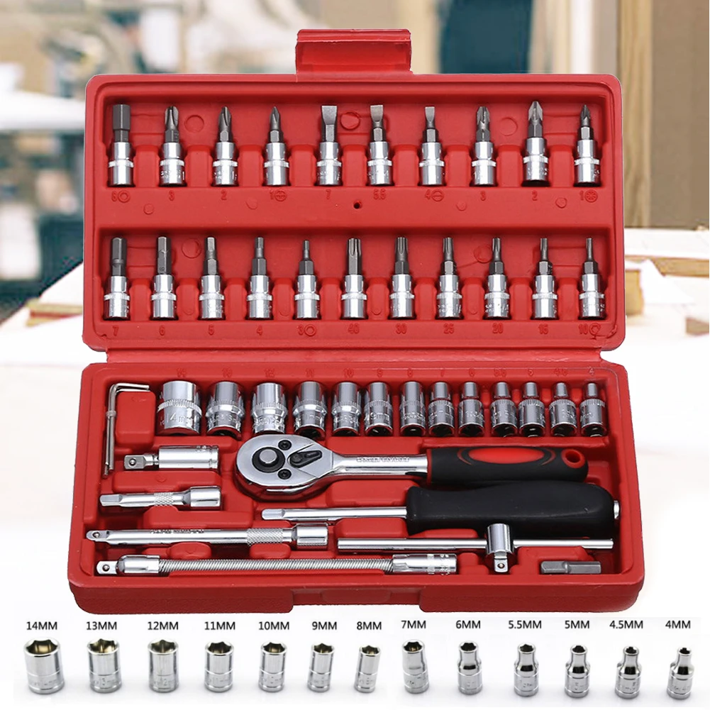 

46Pcs Car Repair Tool Kit 1/4-Inch Socket Sets Car Repair Tool Ratchet Torque Wrench Combo Auto Repairing Sets Mechanic Tool