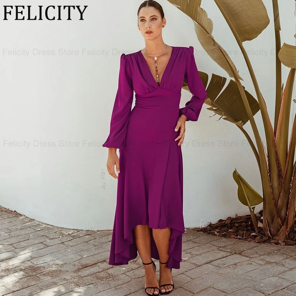 

FELICITY Elegant Mother of the Bride Dresses 2024 A-Line V-Neck Asymmetrical Long Wedding Guest Dresses Pleated Bridesmaid Gowns