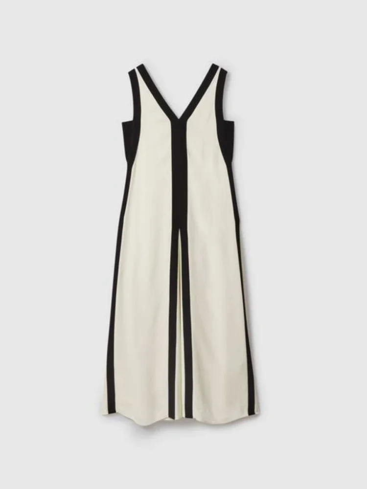 Fashion Hollow Out Contrasting Color Maxi Dress Women V Neck Sleeveless Loose Big Hem Dresses 2024 Summer Lady Casual Outfits 
