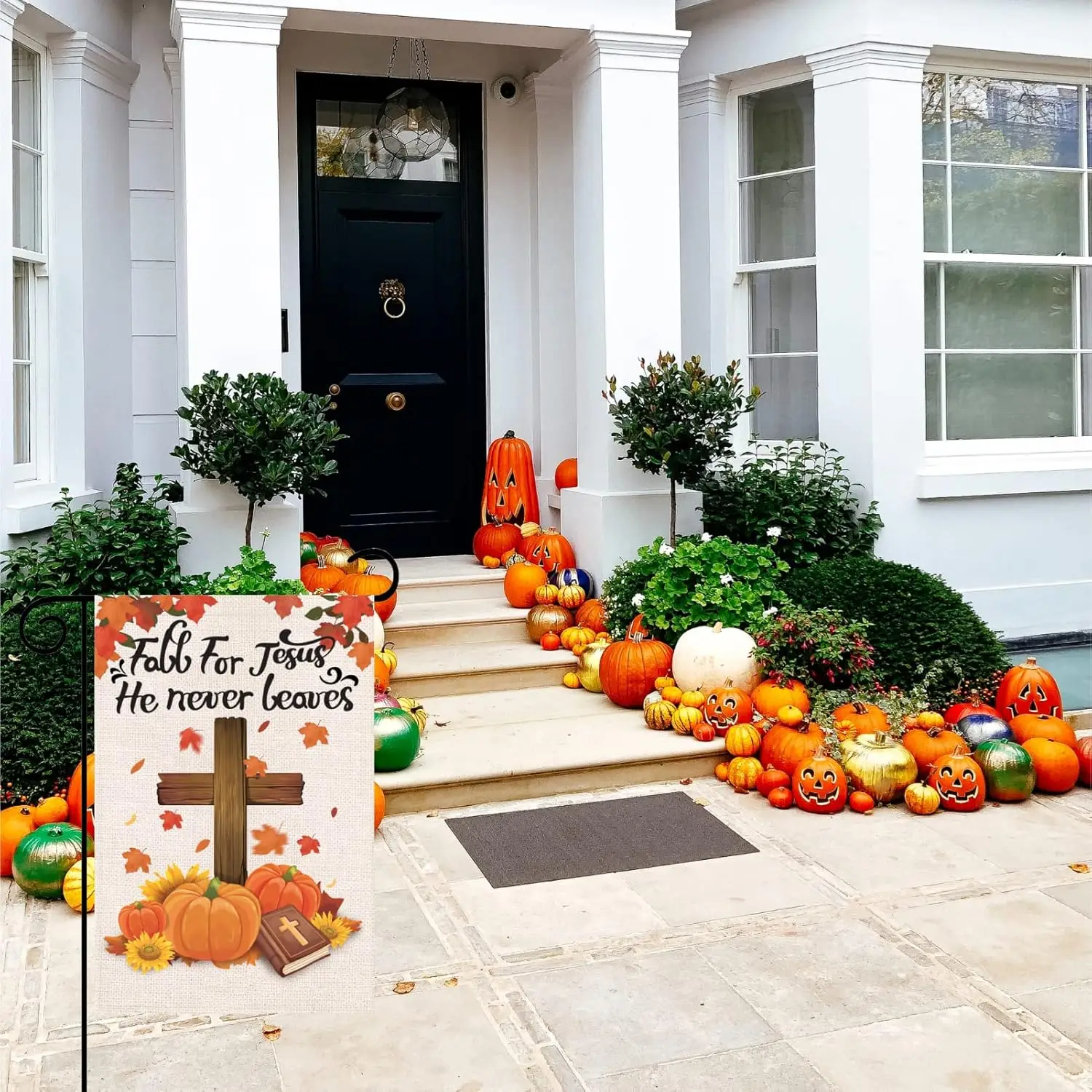 Fall for Jesus Garden Flag He Never Leaves Christian Cross, Pumpkin and Maple Leaves,12x18 Inch Double Sided Small Vertical Bann