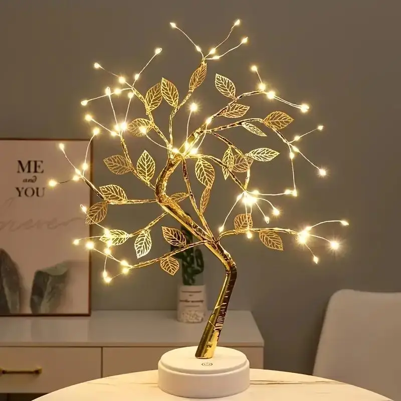 1PC Golden Leaf Tree Lamp, 72 LED Copper Wire String Lights, USB or Battery Powered with Touch Switch, 2-Mode for Home Decor