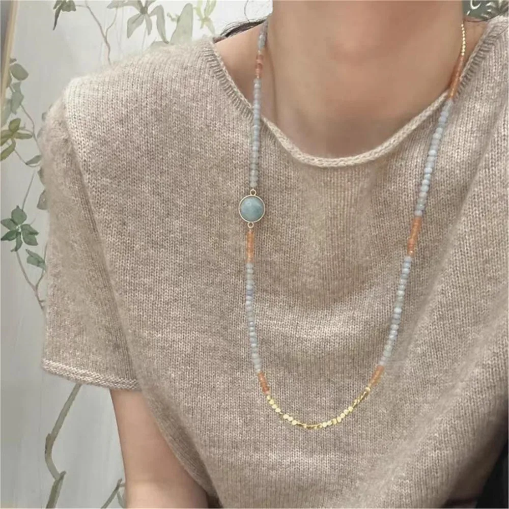 Natural Aquamarine Chalcedony Beaded Long Necklace Charming Orange Soda-Inspired Sweater Chain Unique Feminine Fine Jewelry Set