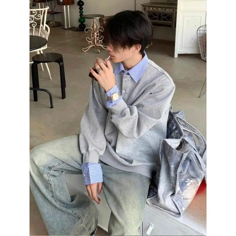 

Trendy Couple Hoodies Long Sleeve Color Block Design American Retro Style Polyester Fabric Casual Loose Fit Spring Shirt
