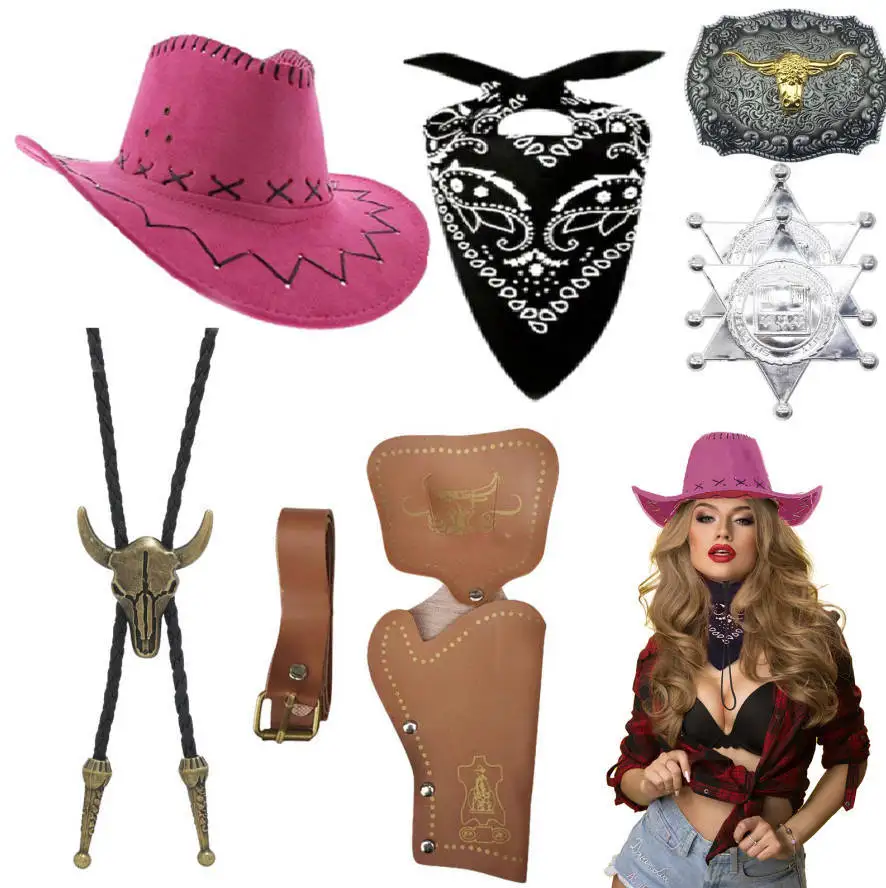 Chapéu de cowboy ocidental colar cinto chapéu de feltro tibetano estilo étnico masculino feminino conjunto de acessórios para adulto