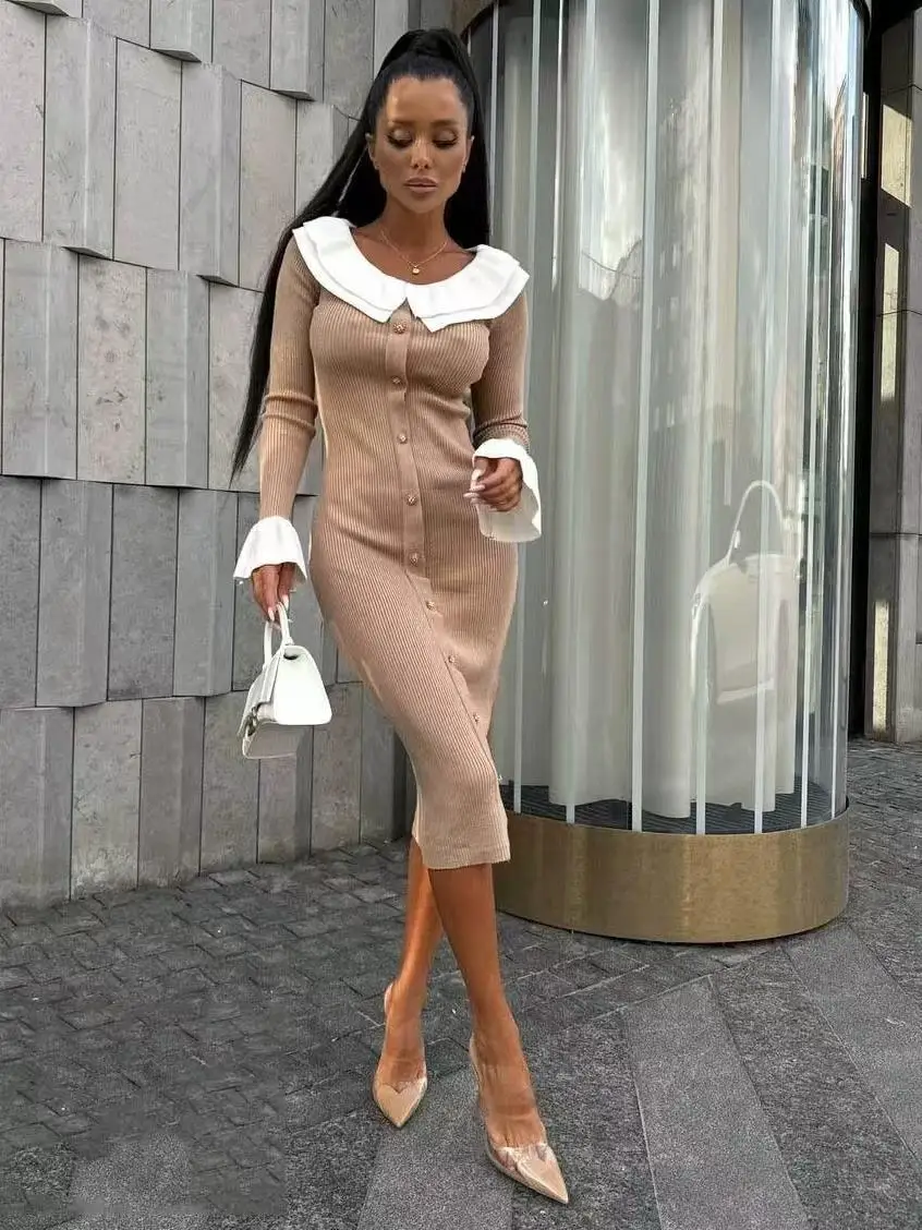 Faionable Splicing Gestrickter Dr. Long Sve Midirock mit hoher Taille, Farbe Blo Bell Sve Commute Sle Neu eingetroffen