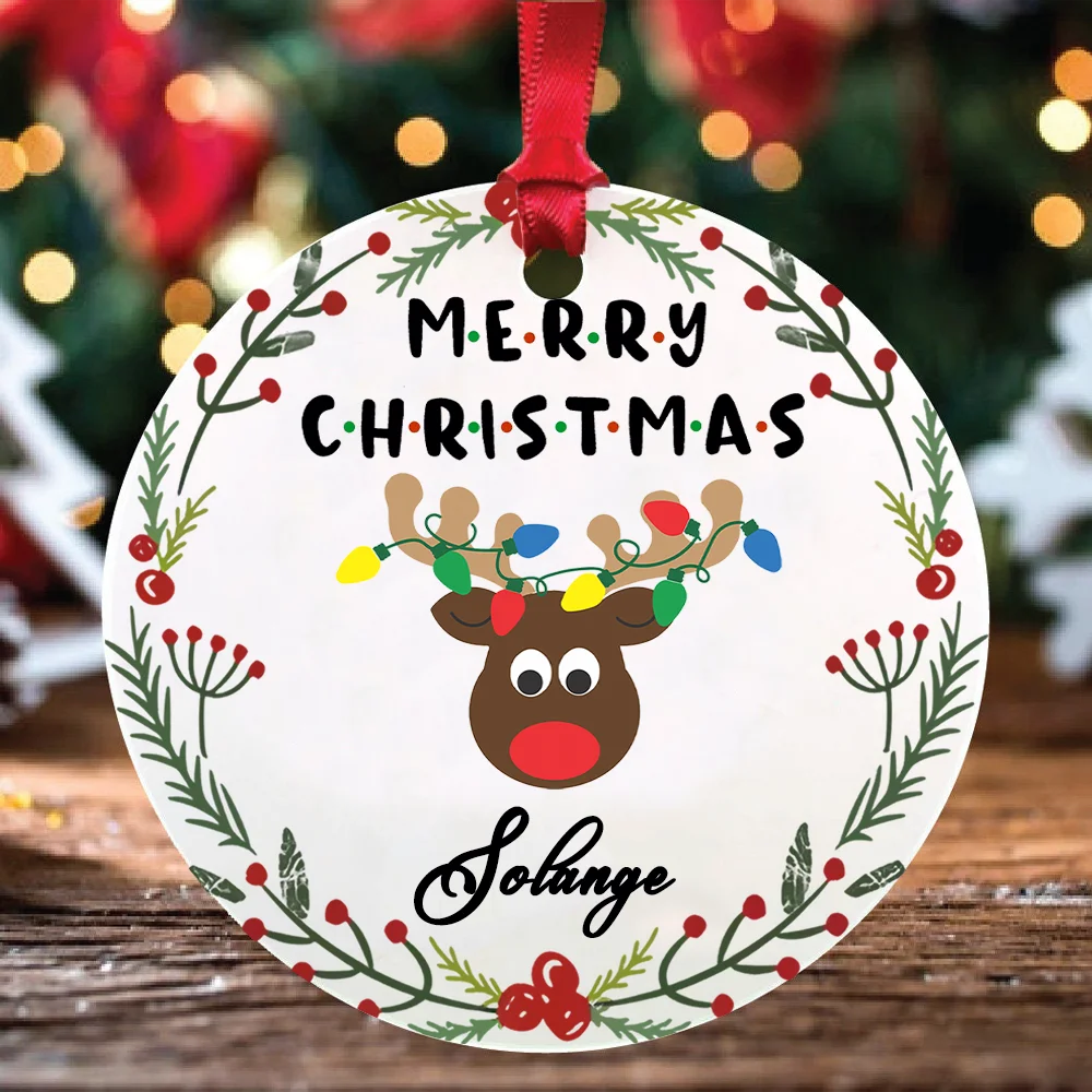 Personalized Name Custom Merry Christmas Ornament Reindeer Wreath Enamel Ornament Cute Christmas Gift for Tree Decoration