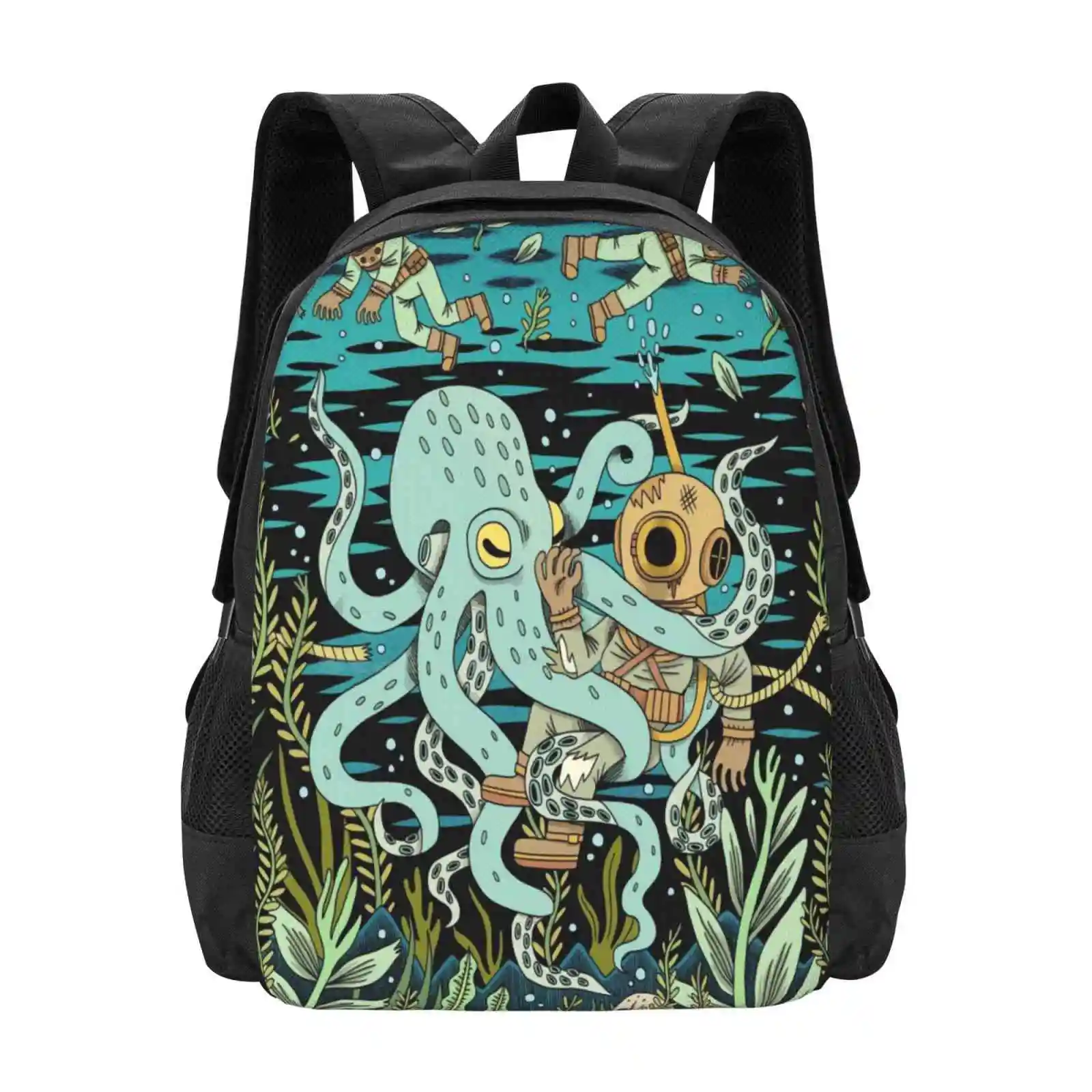 Diver Hot Sale Backpack Fashion Bags Diver Adventure Journey Deep Sea Exploration Explore Pulp Retro Kitsch Death Illustrator