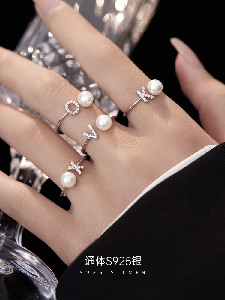 

Letter pearl ring for women S925 sterling silver premium sense light luxury niche design unique fashion personality index finger