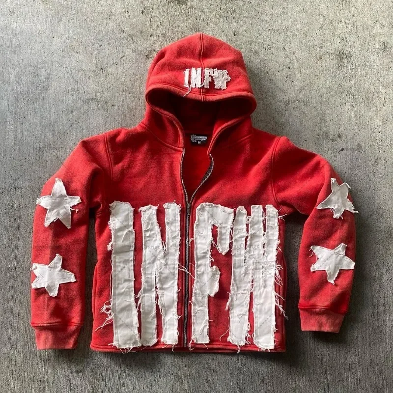 Avrupa ve amerikan mektup nakış boy Hoodie kadınlar Y2K yüksek sokak çift ceket Retro gevşek fermuar kazak erkekler