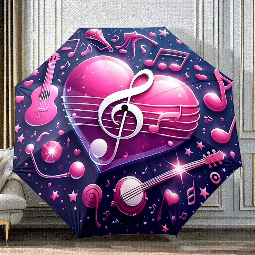 Pink Heart Musical Notes Instrument Print, Portable Folding Umbrella, Gift for Family Friends