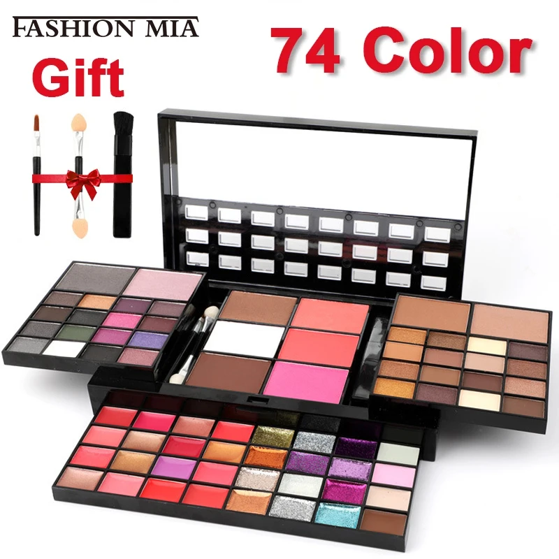 74 Colors Professional Makeup Eyeshadow Lip Gloss Kit Pearlescent Matte Concealer Tray Flash Lipstick Women Cosmetics Gift Box