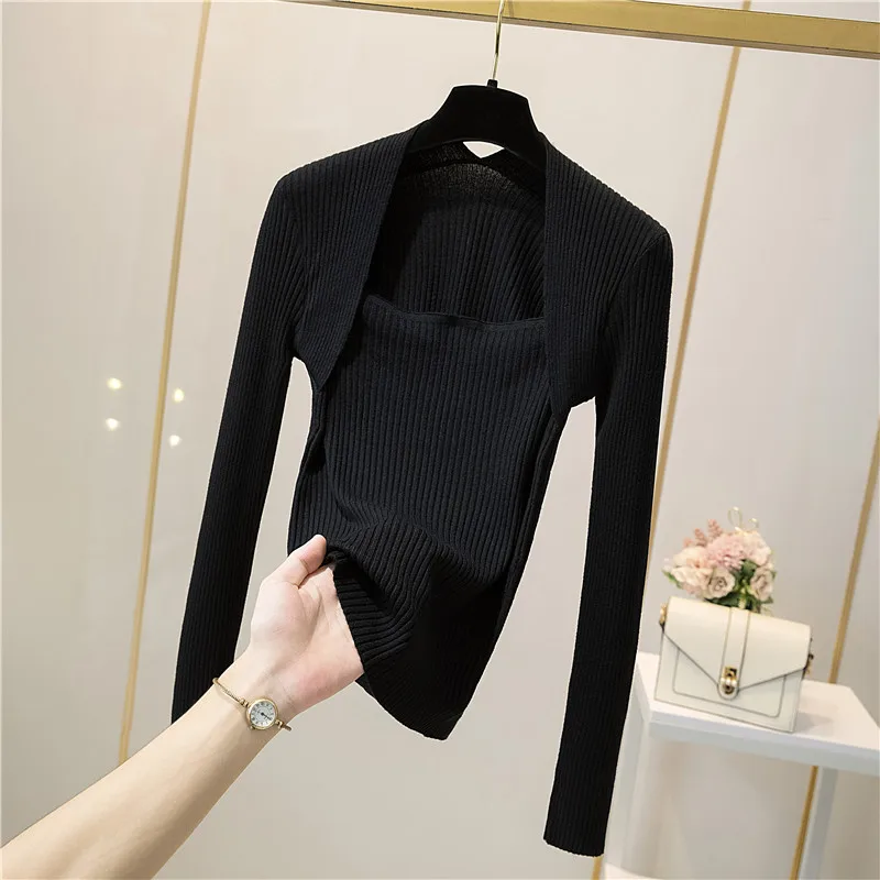 Fake Two-Piece Ribbed Knit Long Sleeve Crop Top for Women Pullovers Plain Sweater Jumper Teen-girl Fall Winter Basic Outfit