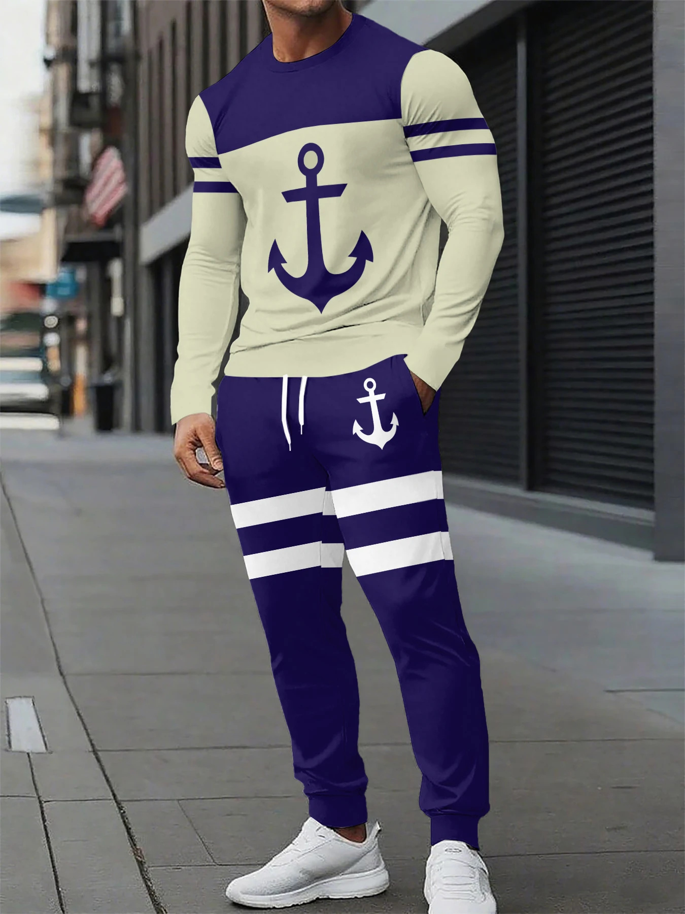 

Autumn Men Long Sleeved Sets Boat Anchor Print Men Long Sleeved Tracksuit Quick Drying Men Tracksuit Jogging 2Pcs Sets