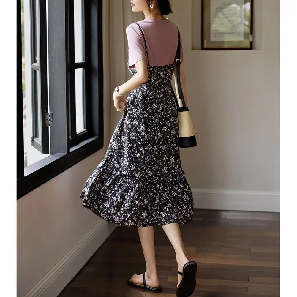 세련되고 다재다능한 가짜 투피스 스플라이스 프린트 서스펜더 여름 새 꽃무늬 반팔 A라인 드레스