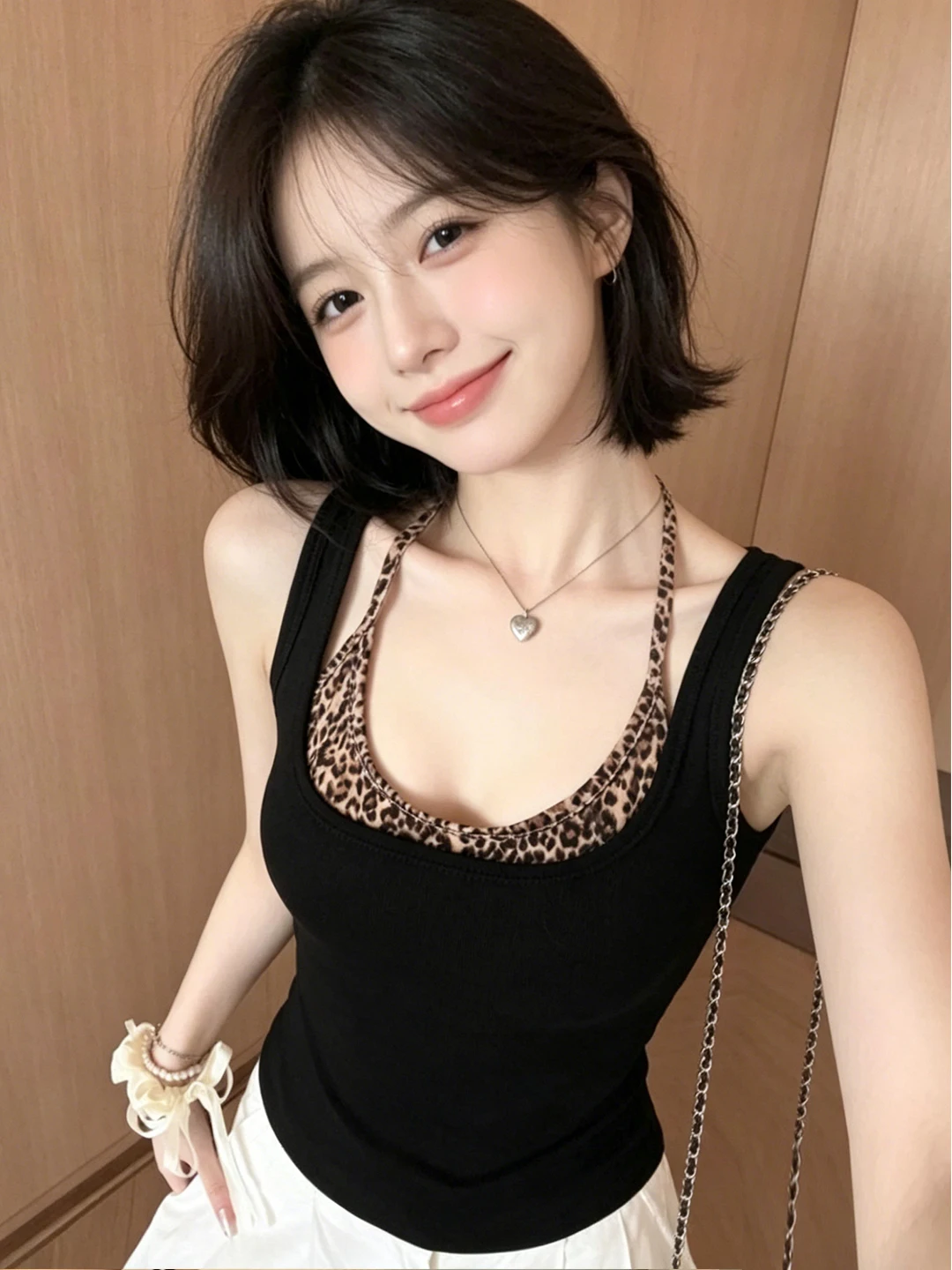 Retro American Strap Vest Summer Spicy Short Slim Fit Leopard Print Wrap Chest Two Piece Set Women's Fashion Polyester Material