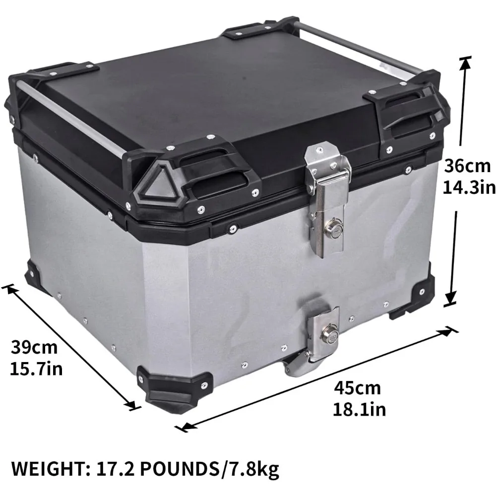 55L topkoffer voor motorfietsen, aluminium/camper/yacht/motorfiets achtertopbox en staartbox voor bagage/helm/gereedschap opslag waterdicht zilver