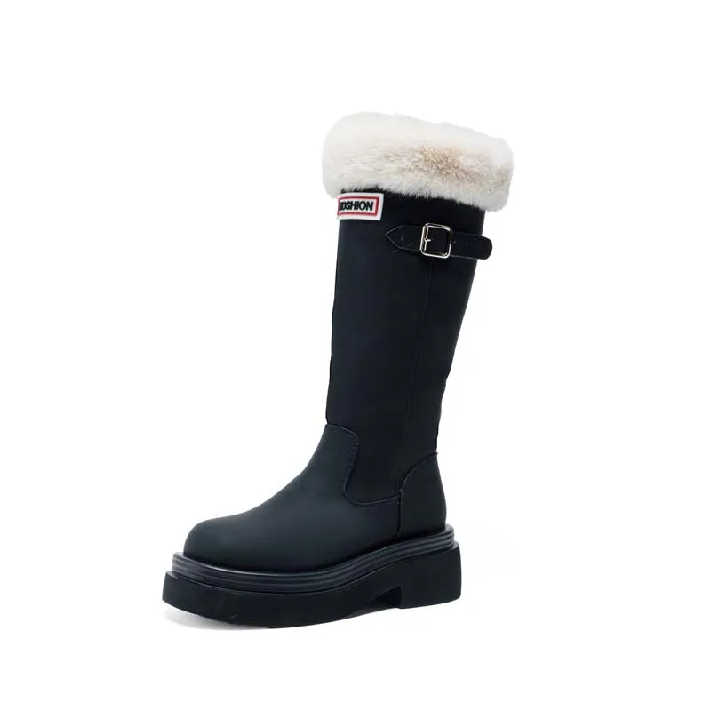 Women Outdoor Knee‑High Waterproof Rain Boots Winter Warm Fur Snow Boots Buckle Rubber Sole Leather Shoes Non‑Slip Knight Boots